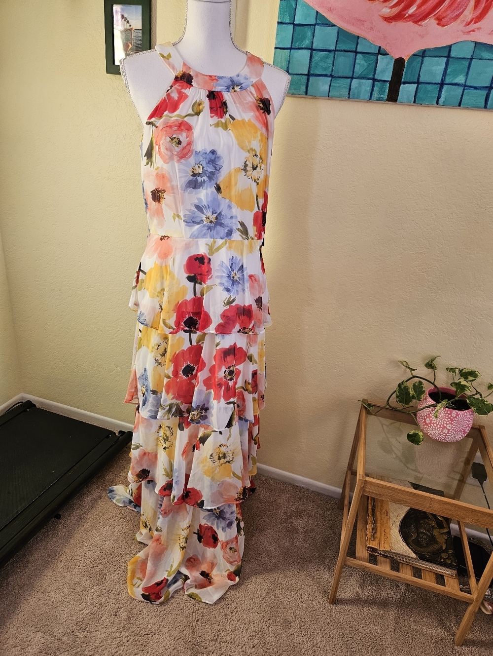 Leslie Fay Floral Tiered Halter Maxi Dress.